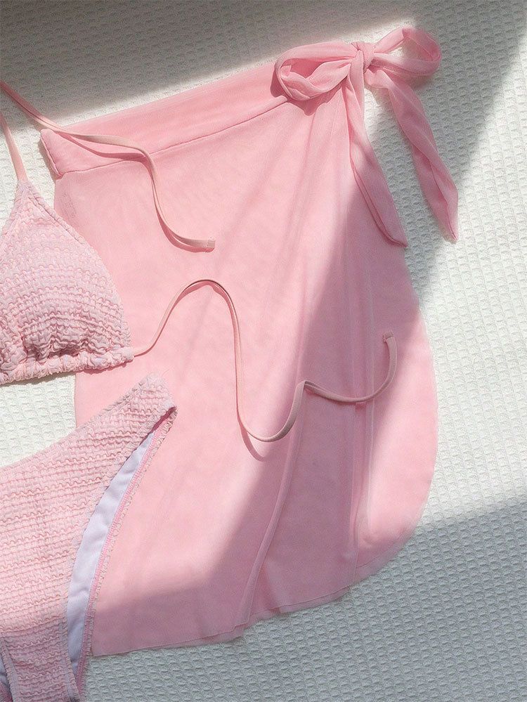Damenbekleidung Pure Color Mesh Dreiteiliger Badeanzug Schnürung Sexy Strand Bikini Badeanzug Frauen Sommer_voghion.com