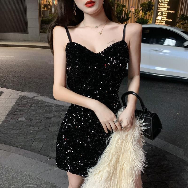 Abito corto da donna con spalline in paillettes, per feste, discoteca, piccolo locale notturno, nero, attillato e sexy, Hongzhi_voghion.com