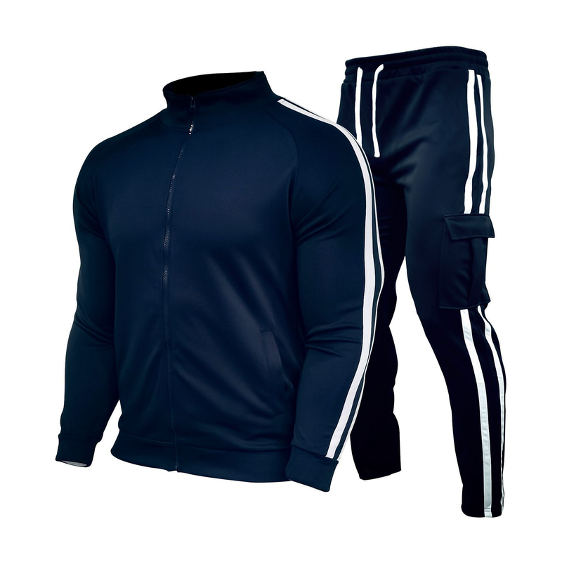 Terno casual esportivo masculino de duas listras com zíper e gola alta_voghion.com