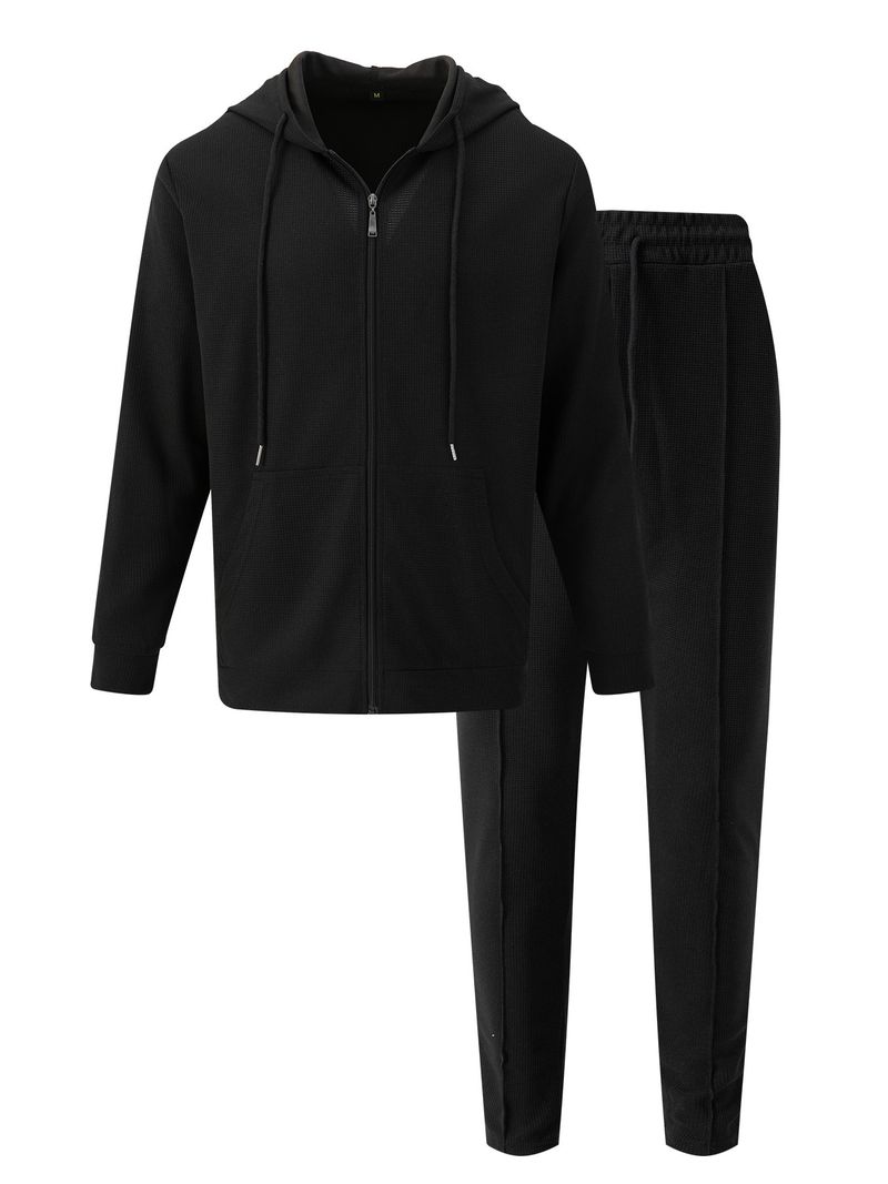 Herenkleding Wafelgebreide hoodie en joggingset - Fleece trainingspak met rits voor de winter, casual loungewear (zwart/grijs/kaki) - S-XXXL_voghion.com