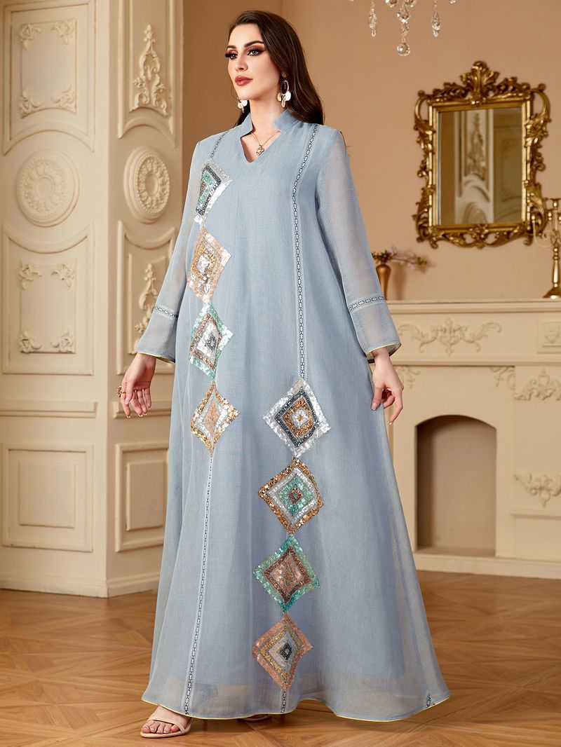 Women's Clothing Muslim Middle East Sleeved Abaya Sequined Long Skirt Saudi Arabia Dubai Dress_voghion.com