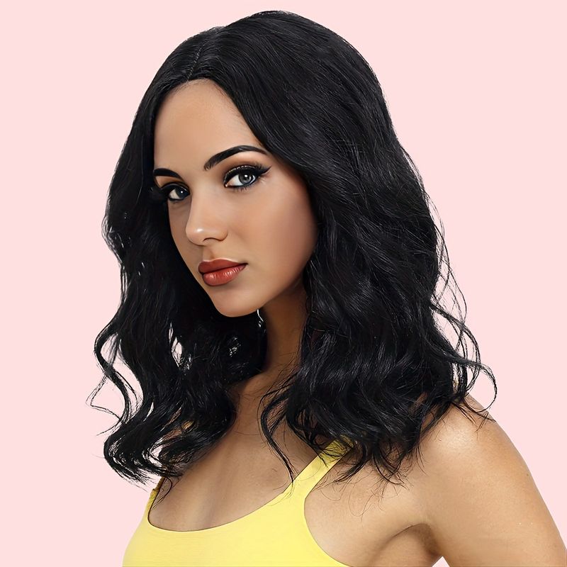 Perruque femme cheveux mi-longs avec frange et cheveux longs bouclés mécanisme coiffure en fibre chimique_voghion.com