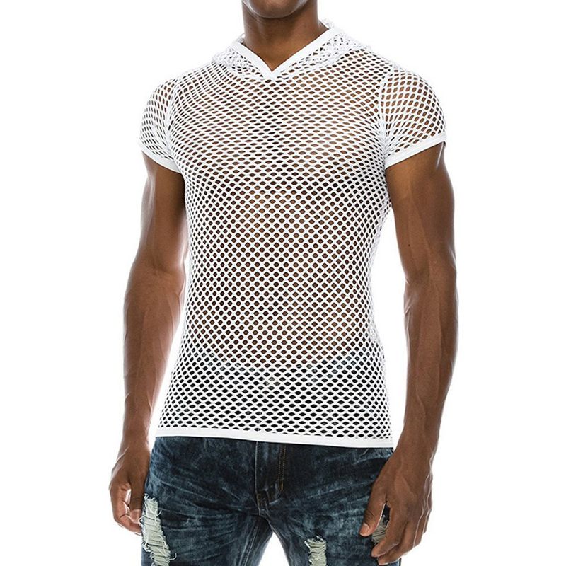 Herrenbekleidung Mode personalisierte Herrenmode hohles kurzärmliges Mesh-T-Shirt atmungsaktives Mesh-Unterhemd Herrenpullover_voghion.com