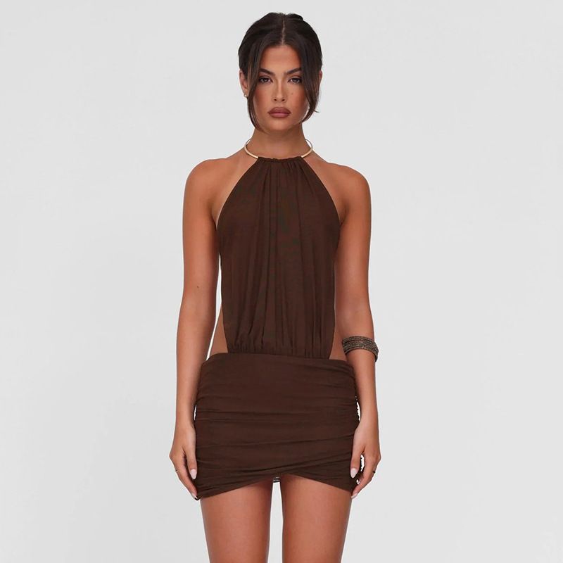 Neues Sommerkleid für Damen mit Metallring und hängendem Hals, sexy, rückenfreies Schnürkleid, hüftbetonter kurzer Rock_voghion.com