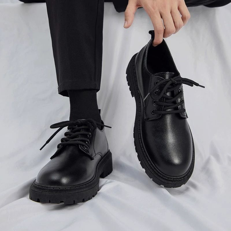 Unbeatable Quality Men's Business Front Lace Up, Casual Height Increasing, Small Leather Shoes, Thick Soled, Black, Minimalist, Work_voghion.com