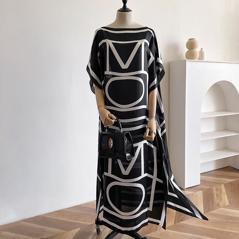 Sommer neues lockeres langes Kleid, schlicht und lang, Brokat, Sonnenschutztemperament, Seidenschal, Strandurlaubsstil, Reisen_voghion.com