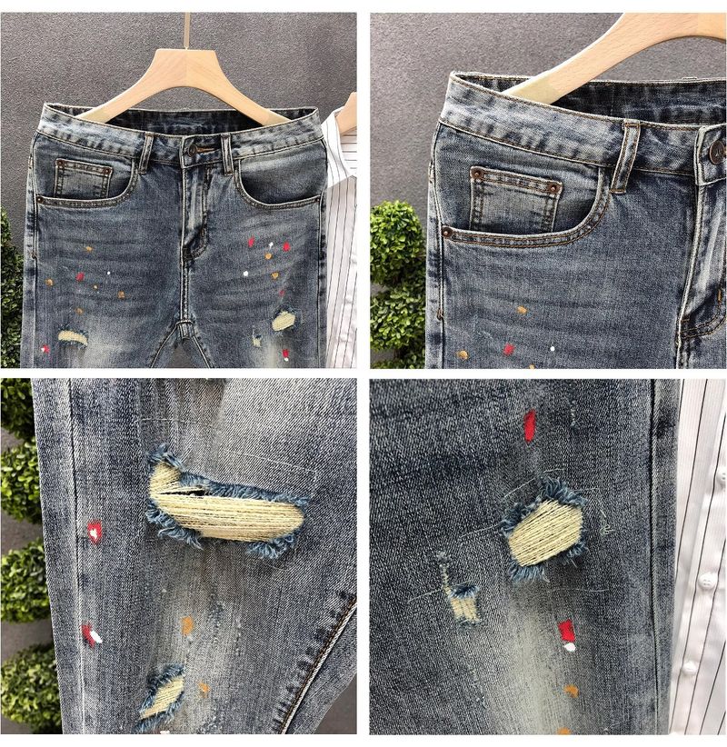 Slim Fit Stretch-Jeans für Herren – Vintage-Zerrissene Denim-Hose mit Splatter-Waschung, bequemes, schmal zulaufendes Bein für lässige Streetwear_voghion.com