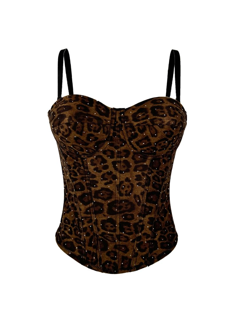 Women's Clothing Golden Brown Leopard Suede Short Vest Camisole Inner Wear Can Be Worn Outside Elastic Gathered Fishbone Body Shaping Bra_voghion.com