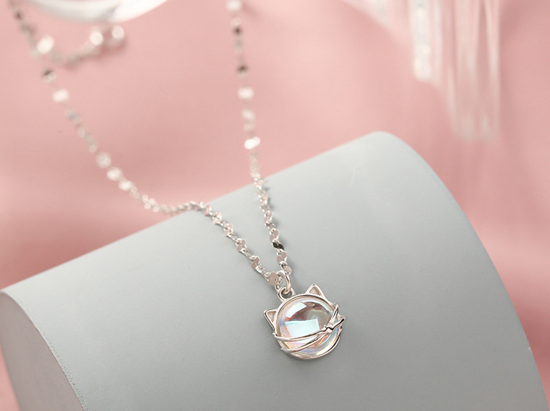 Sterling VENUS Sier Color Aurora Cat Necklace Lady Temperament Sweet Moonstone Meow Planet Clavicle Chain_voghion.com