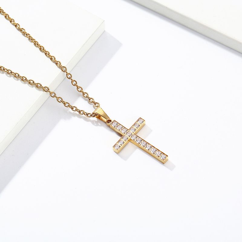 Collana con croce in acciaio al titanio e gioielli da uomo e da donna, intarsiata con diamanti, stile semplice e neutro, alla moda, accessori personalizzati_voghion.com