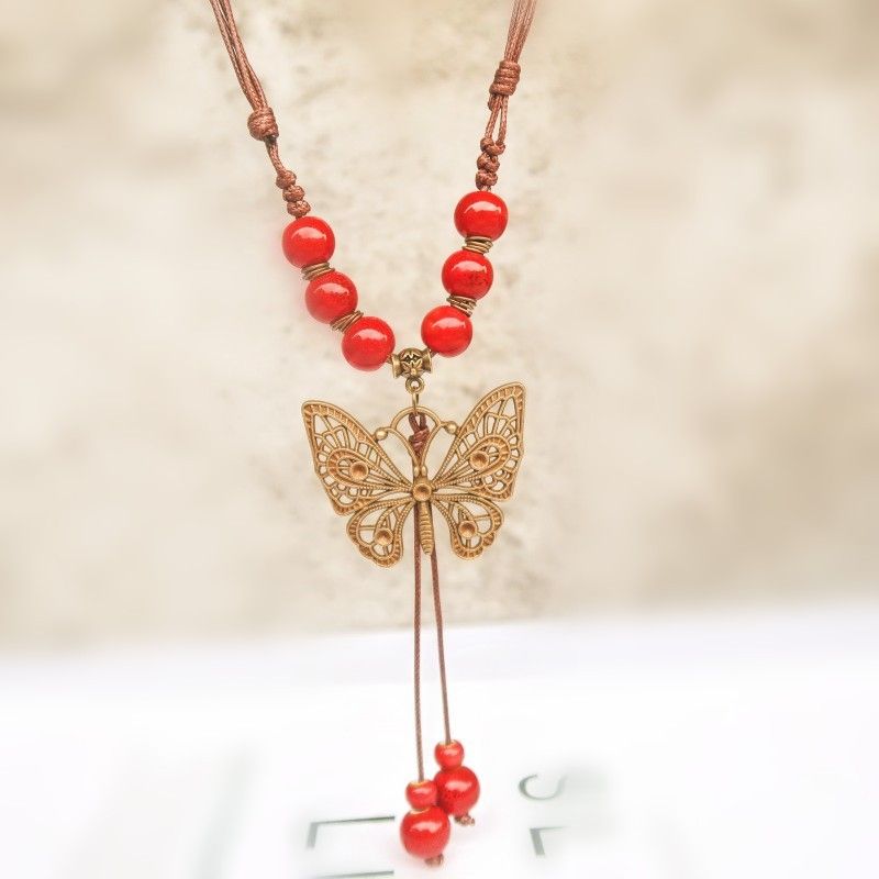 Collana lunga in ceramica etnica reale per donna con ciondolo antico in stile cinese a forma di farfalla_voghion.com