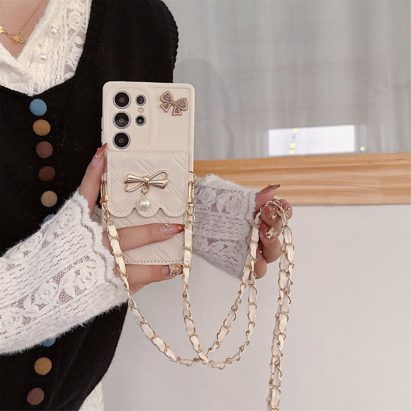 Custodia per telefono con porta carte a tracolla con fiocco 3D per Samsung Galaxy S25 Ultra S24 S23 S21 S20 FE S22+ Plus Note 20 Cover morbida_voghion.com
