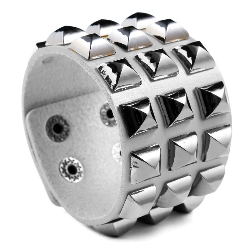 Square Bead Rivet Personality Punk Bracelet Fashion Men's PU Leather Wristband_voghion.com
