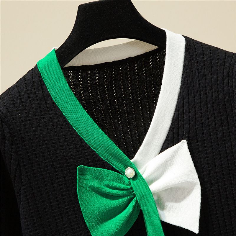 Women's Clothing v neck bow color matching knitted cardigan women's summer new short slim button top_voghion.com
