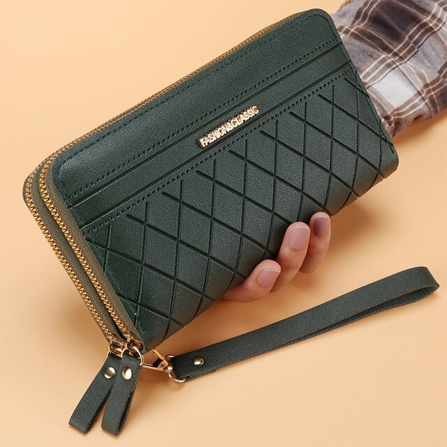 Portafoglio lungo con doppia cerniera per donna Portamonete semplice da donna Portamonete Porta carte Moda retrò di grande capacità_voghion.com