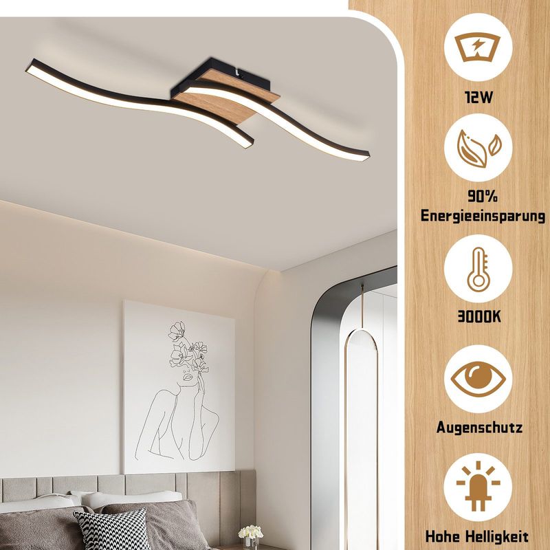 Glitzerlife Deckenlampe LED Deckenleuchte Küche - 12W Holz 3000K Warmweiß Modern Design Schlafzimmerlampe Schwarz Metall Küchenlampe_voghion.com