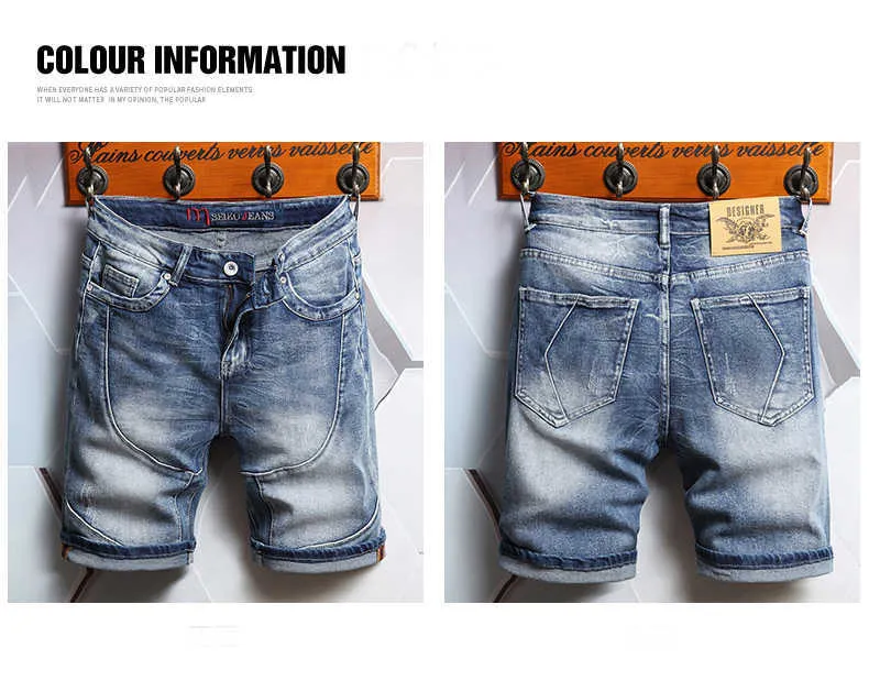 2022 Zomer Nieuwe Rechte Stretch Denim Shorts Voor Heren, Koreaanse Mode, Katoen, Streetwear, Slim-Fit Cropped Jeans, Met Panelen_voghion.com