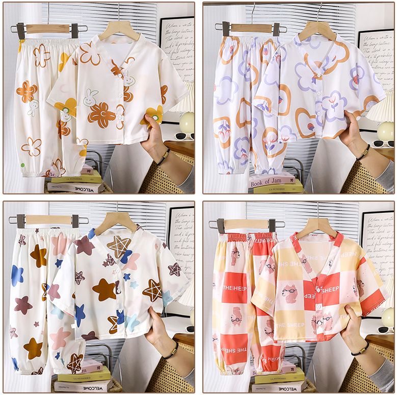 Conjuntos de ropa de hogar para niños de algodón y seda, pijamas de verano para niños y niñas, conjuntos de rayón de dos piezas, ropa de algodón y seda con aire acondicionado para niños._voghion.com
