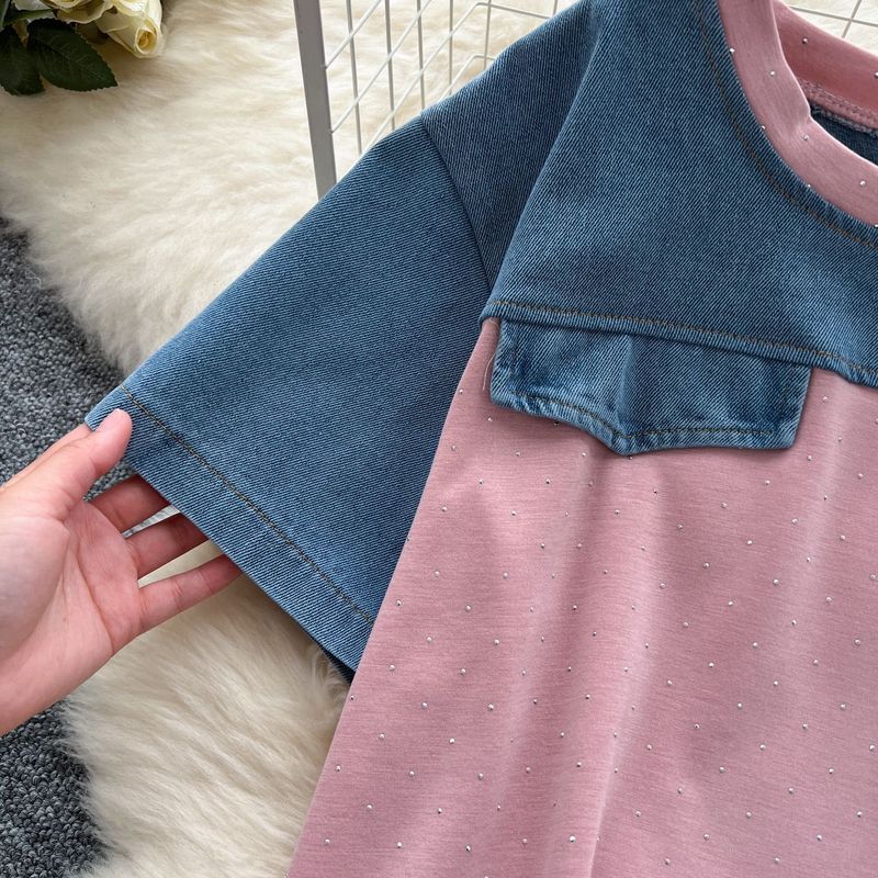 Completo da donna alla moda, estivo, retrò, a maniche corte, con cuciture, casual, con vita alta, pantaloni in denim a gamba larga, due pezzi._voghion.com