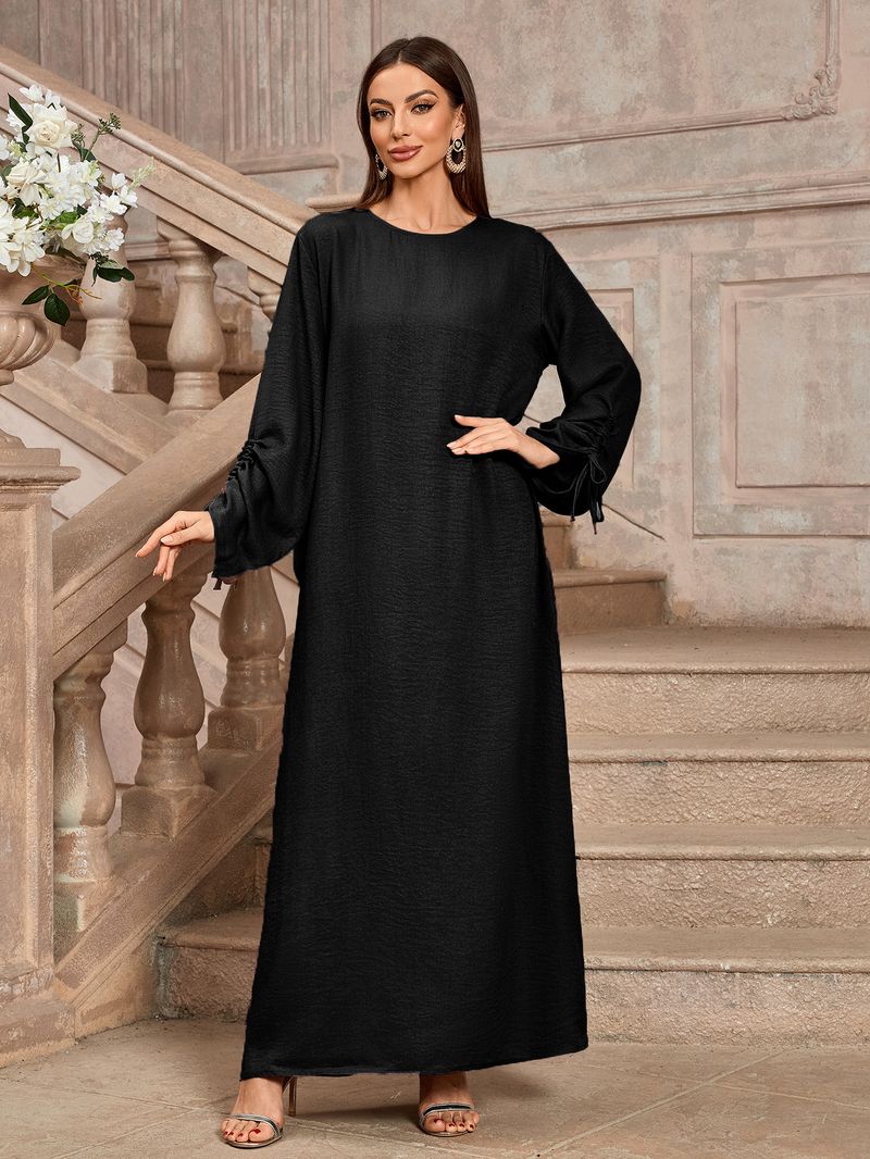 Abito lungo elegante alla moda da donna, in tessuto di poliestere, con cintura, lunghezza midi, maniche lunghe e regolari._voghion.com