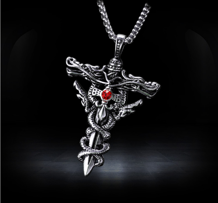 Fashion Double Dragon Sword Titanium Steel Necklace Pendant Retro Punk Cross Lucky Fortune Men's Accessories Jewelry _voghion.com