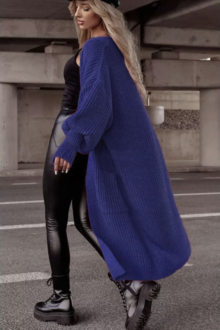 Women's Clothing Long Sleeve Batwing Pocket Cardigan Sweater - Oversized V-Neck Open Front Knit Coat In Soft Acrylic, Elegant Longline Design_voghion.com