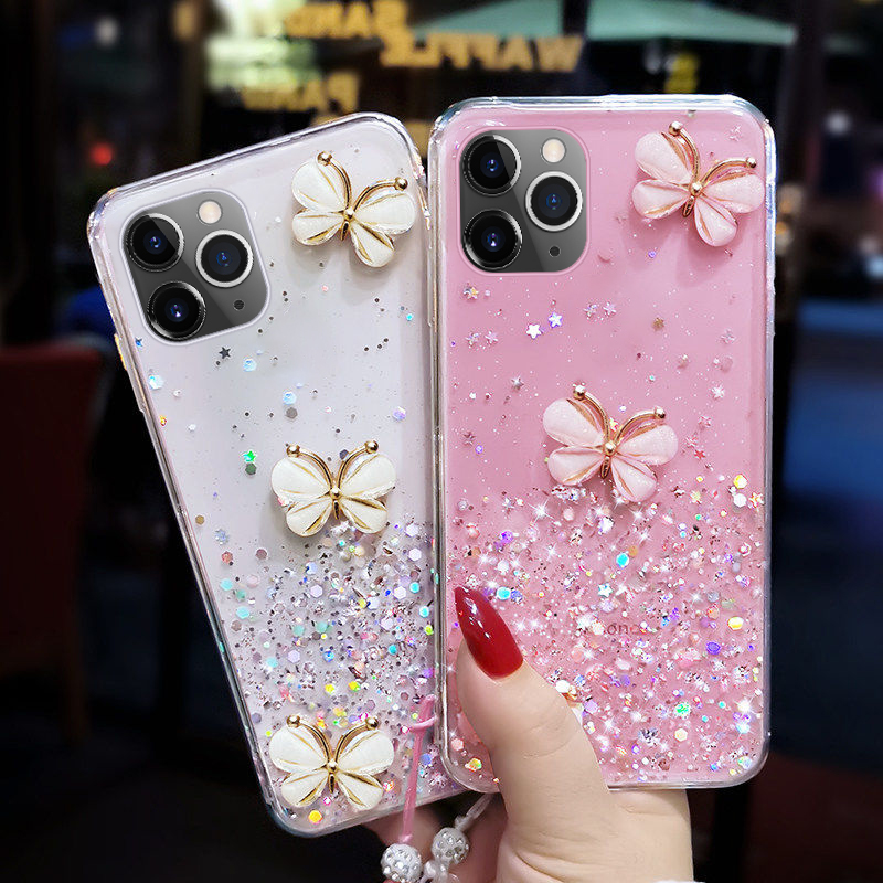 Luxury Cute Bling Glitter Lanyard Silicone Phone Case For iPhone 14 13 12 11 Pro XS Max SE XR X 8 7 Plus Ultra-thin Strap Cover_voghion.com