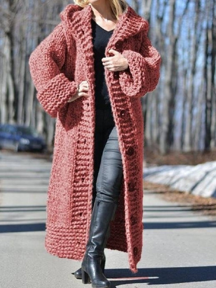 Damenbekleidung neue Kapuzenstrickjacke verdickter Strickpullover langer Pullover_voghion.com