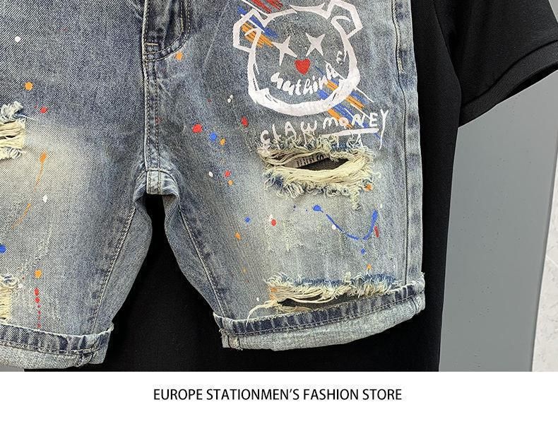 Pantaloncini in denim da uomo con stampa personalizzata e schizzi d'inchiostro, pantaloni estivi_voghion.com