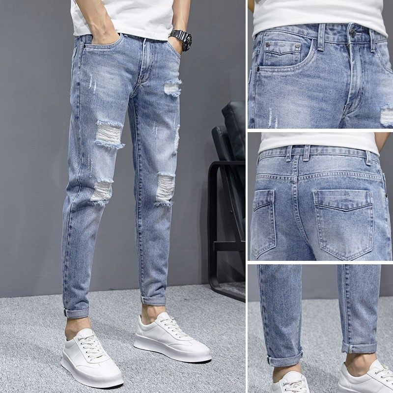 Ripped Jeans Men Summer Nine Points Slim Straight Loose Casual New Thin Style Beggar Pants_voghion.com