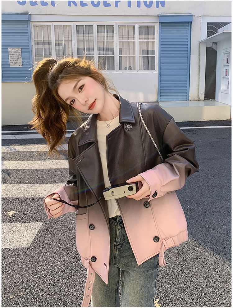 Giacca in pelle PU alla moda in stile coreano, taglia piccola, primavera 2025, grigio sfumato rosa per donna_voghion.com