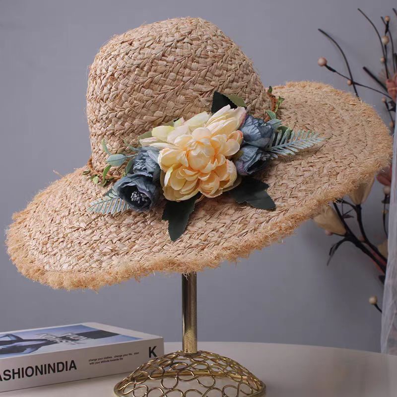 raffia Woven Women's Summer French Style Floral Beach Vacation Wide Brim Sun Hat_voghion.com