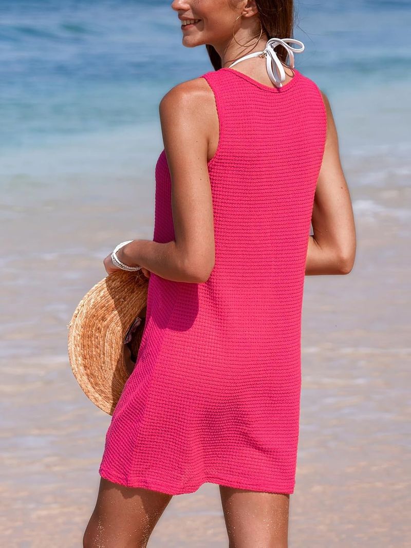 2025 New Women's Sleeveless Hoodie Waffle Twisted Beach Skirt Dress_voghion.com