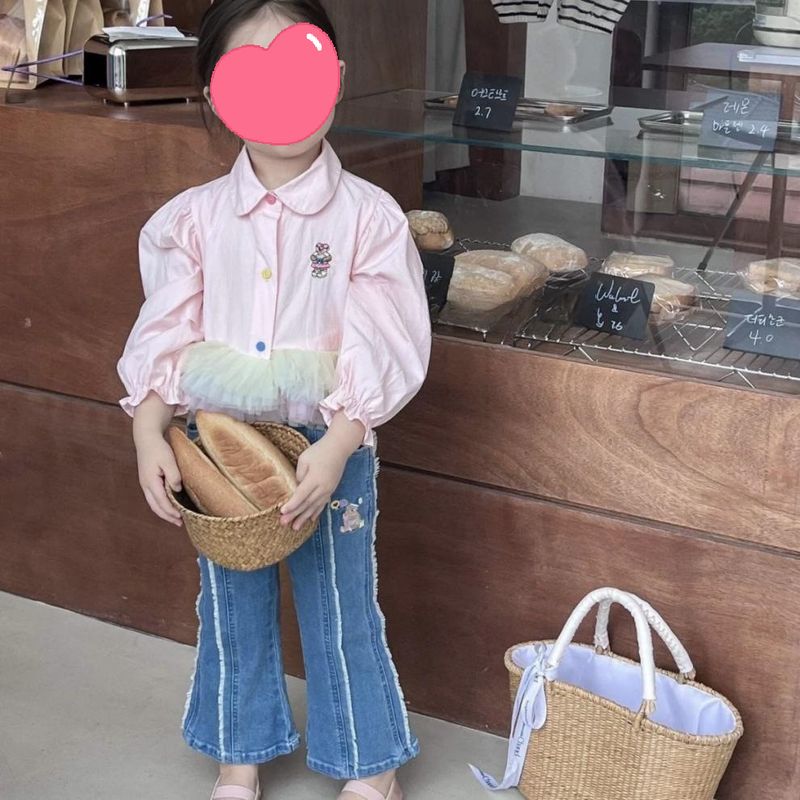 Abbigliamento per bambini ragazze camicia in rete in stile western jeans con bordo grezzo set due pezzi_voghion.com