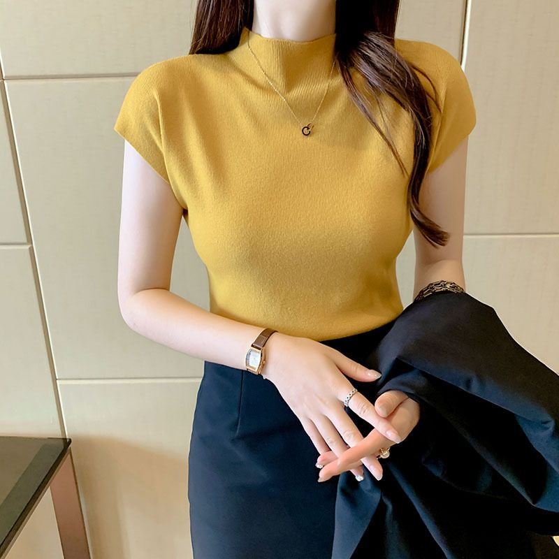 Women's summer new solid color simple short-sleeved knitted sweater top sleeveless half turtleneck short ice silk_voghion.com