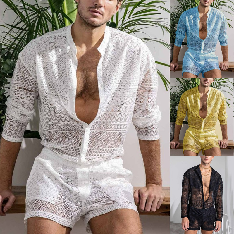 Completo da uomo in due pezzi con pantaloncini casual a maniche lunghe in pizzo sexy scavato alla moda_voghion.com