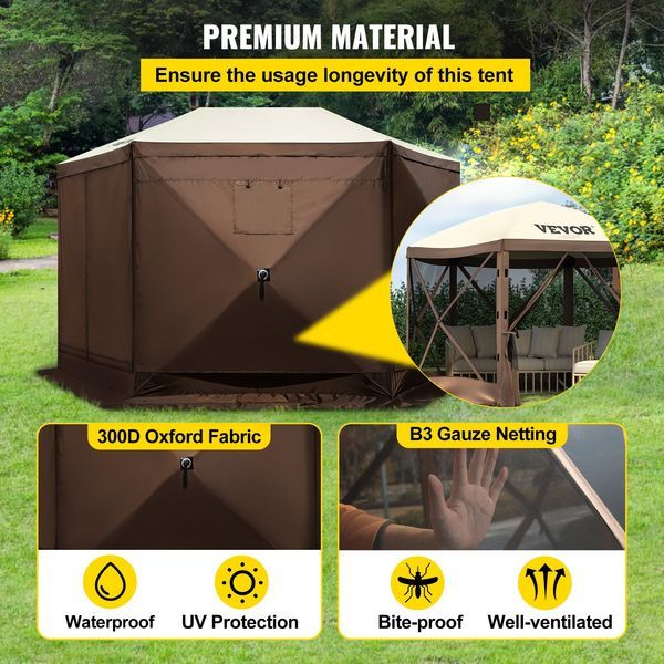 Camping Gazebo Screen Tent, 12*12ft, 6 Sided Pop-up Canopy Shelter Tent With Mesh Windows, Portable Carry Bag, Stakes, Large Shade Tents For Outdoo_voghion.com