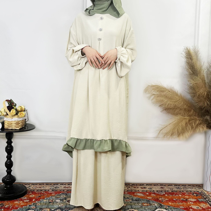 Women's Clothing Solid Color Ruffled Burkha Two Piece Set_voghion.com