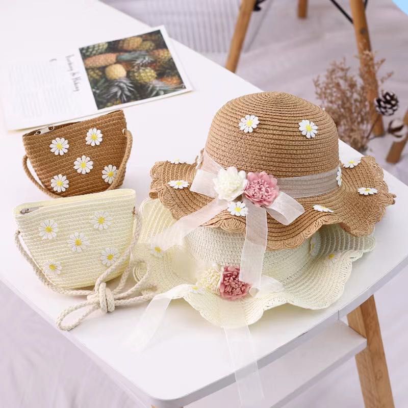 Vendita calda ragazze cappello di paglia per bambini estate spiaggia cappelli pieghevoli set carino berretto floscio misura regolabile con cinturino sotto il mento per 5-10 anni_voghion.com