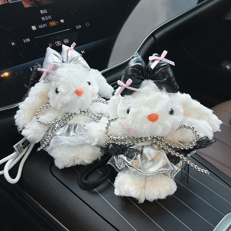 Neu Perlen Schleife Silber Leder Rock Plüsch Hängeohren Kaninchen Cartoon Anhänger Niedlichen Häschen Puppe Tasche Charme_voghion.com