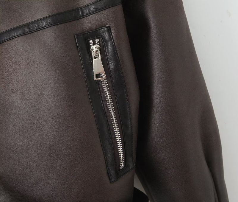 Blouson aviateur en fausse fourrure pour femme - Manteau court streetwear tendance avec col à revers, style gothique, coupe ample, fermeture éclair, marron foncé_voghion.com