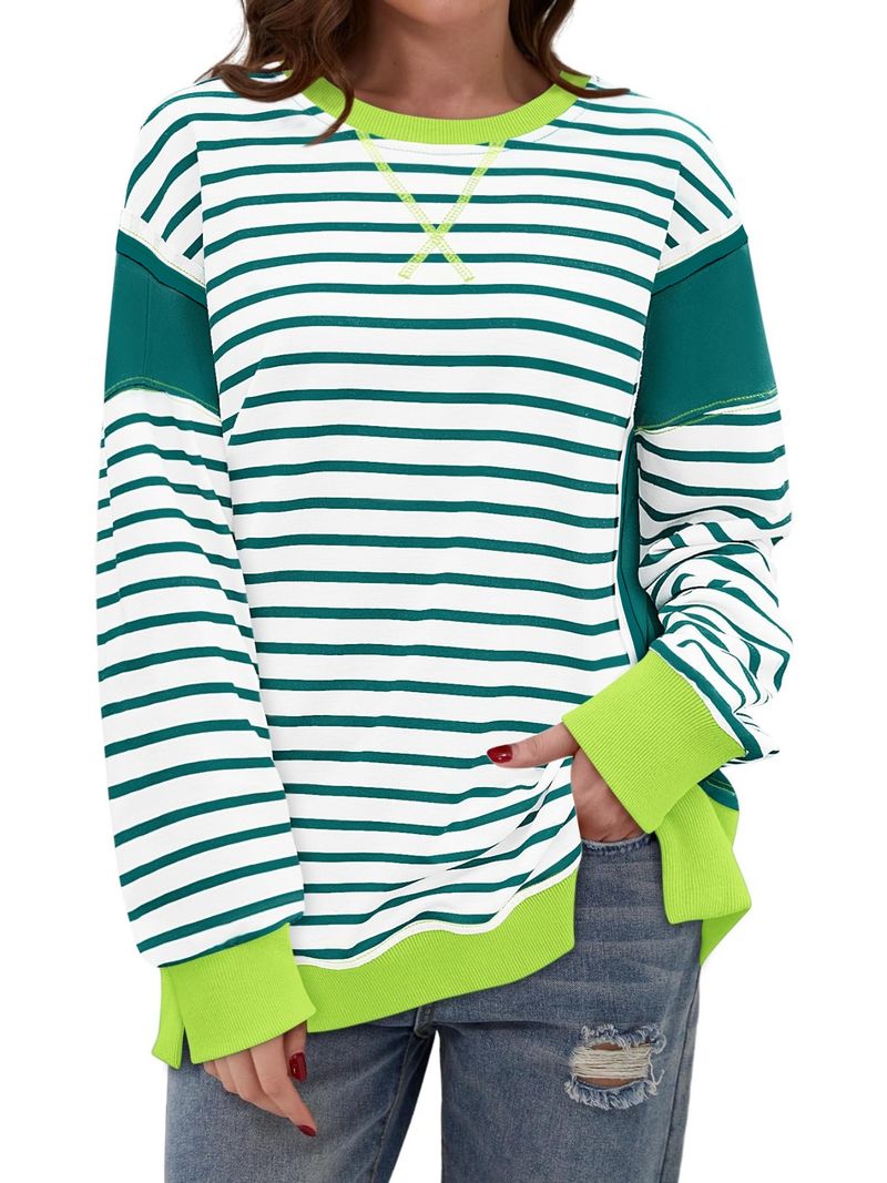 T-shirt a maniche lunghe da donna con righe a contrasto di colore - Felpa girocollo con motivo stampato_voghion.com