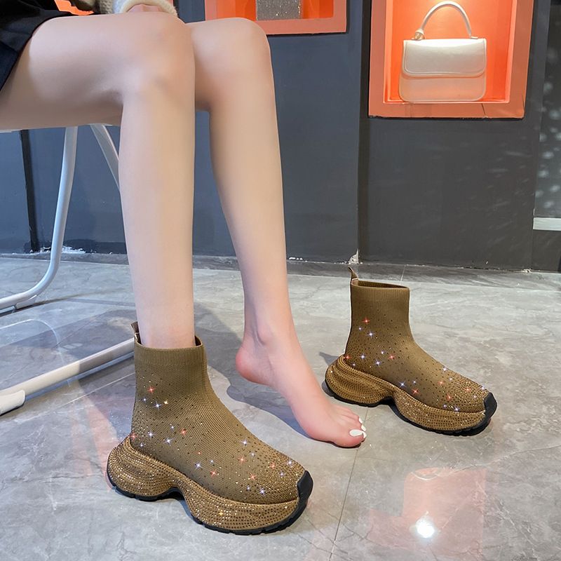 Gestrickte Sockenstiefel für Damen mit Strasssteinen, Slip-On-Sneakers mit dicker Sohle, atmungsaktive, elastische High-Top-Booties für Sommer, Frühling und Herbst_voghion.com