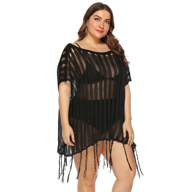 Durchsichtiges Strandkleid mit einreihigem Kragen und ausgehöhltem Saum für Damen in Übergröße_voghion.com