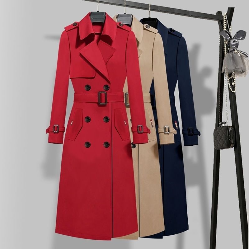 Women's Autumn Trench Coat Knee-Length Slim Fit Classic Style Plus Size Long Coat_voghion.com