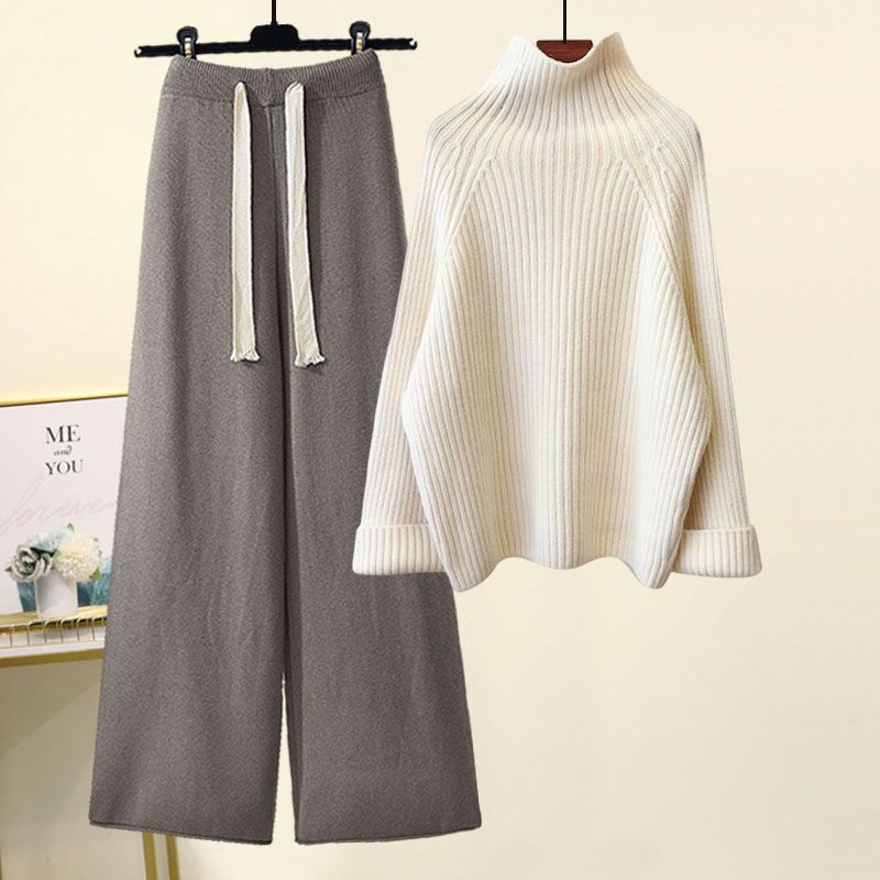 Women's Autumn Knit Sweater & Wide Leg Pants Set - Cozy Oversized Pullover With Flowy Trousers, Casual Loungewear Outfit For Fall_voghion.com