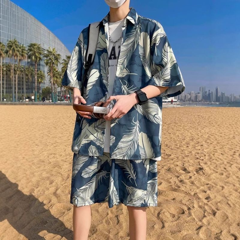 Pantaloni da spiaggia da uomo Sanya Travel And Leisure, pantaloncini ad asciugatura rapida in seta ghiacciata, camicia a fiori Seaside Vacation, completo Hawaii_voghion.com