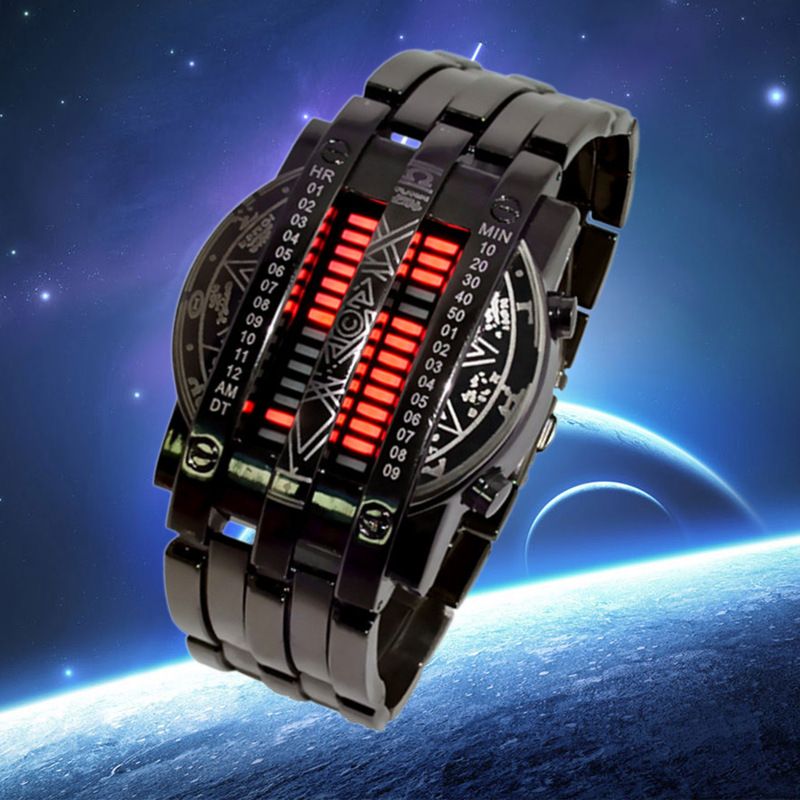 Relógio Digital Binário LED Masculino - Cronógrafo Empresarial Elegante com Pulseira de Corrente, Calendário e Mostrador Mensal, Resistente à Água_voghion.com
