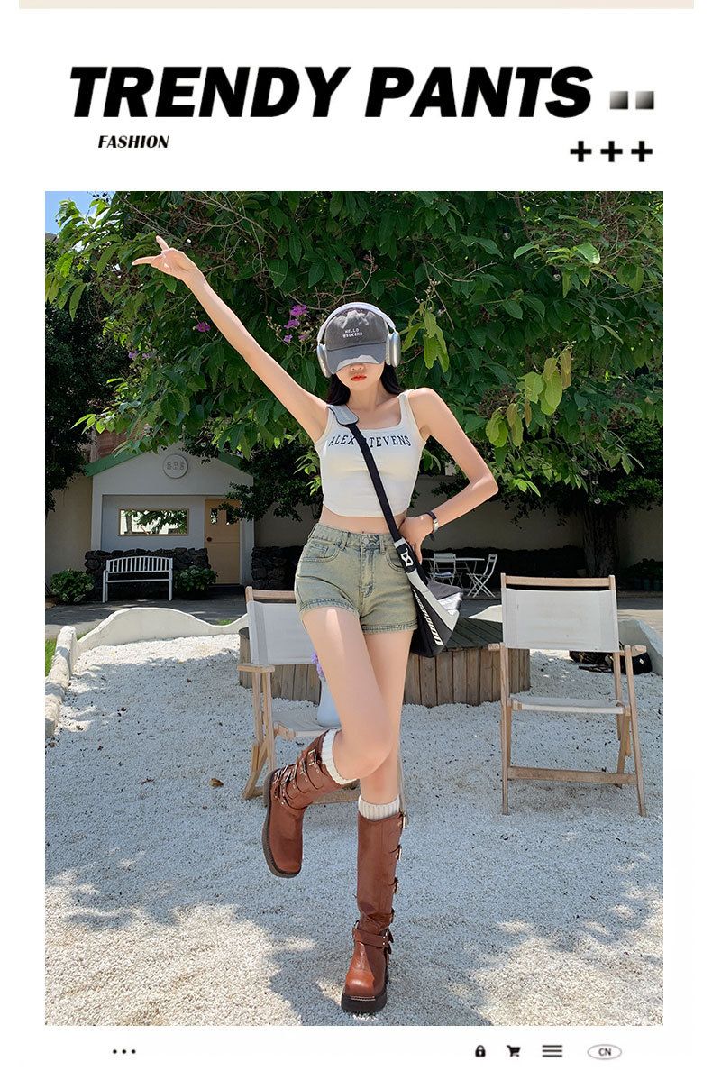 Dámské letní džínové kraťasy z bláta, s vysokým pasem a úzkým střihem, s elastickými kapsami a zipem, vhodné na Instagram_voghion.com