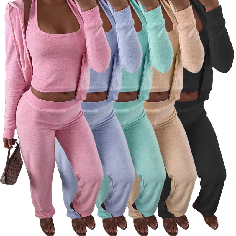Damenbekleidung International Hot Selling Kleidung Winter Neue doppelseitige Samtweste mit Kapuze dreiteiliges Set_voghion.com